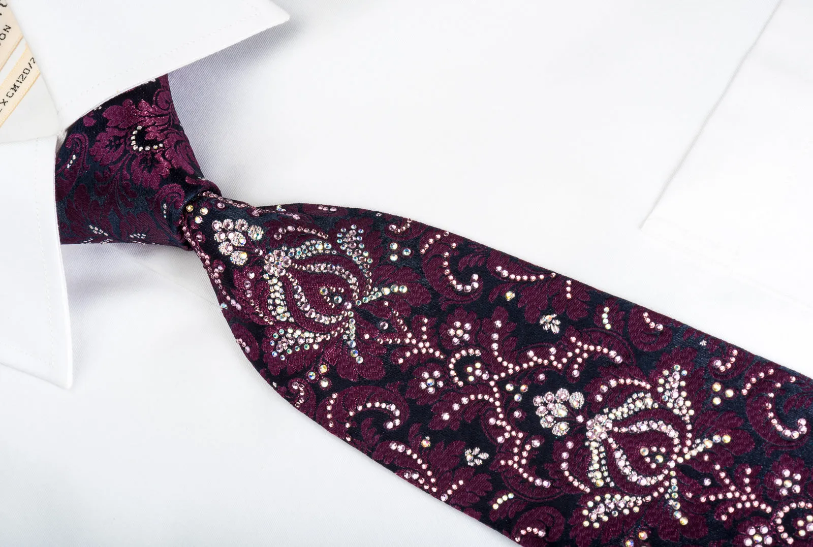 Renoma Rhinestone Tie Purple Damask On Black With Silver Sparkles