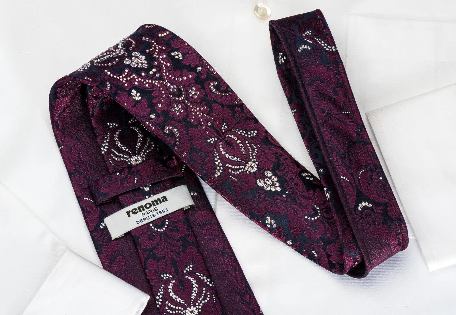 Renoma Rhinestone Tie Purple Damask On Black With Silver Sparkles