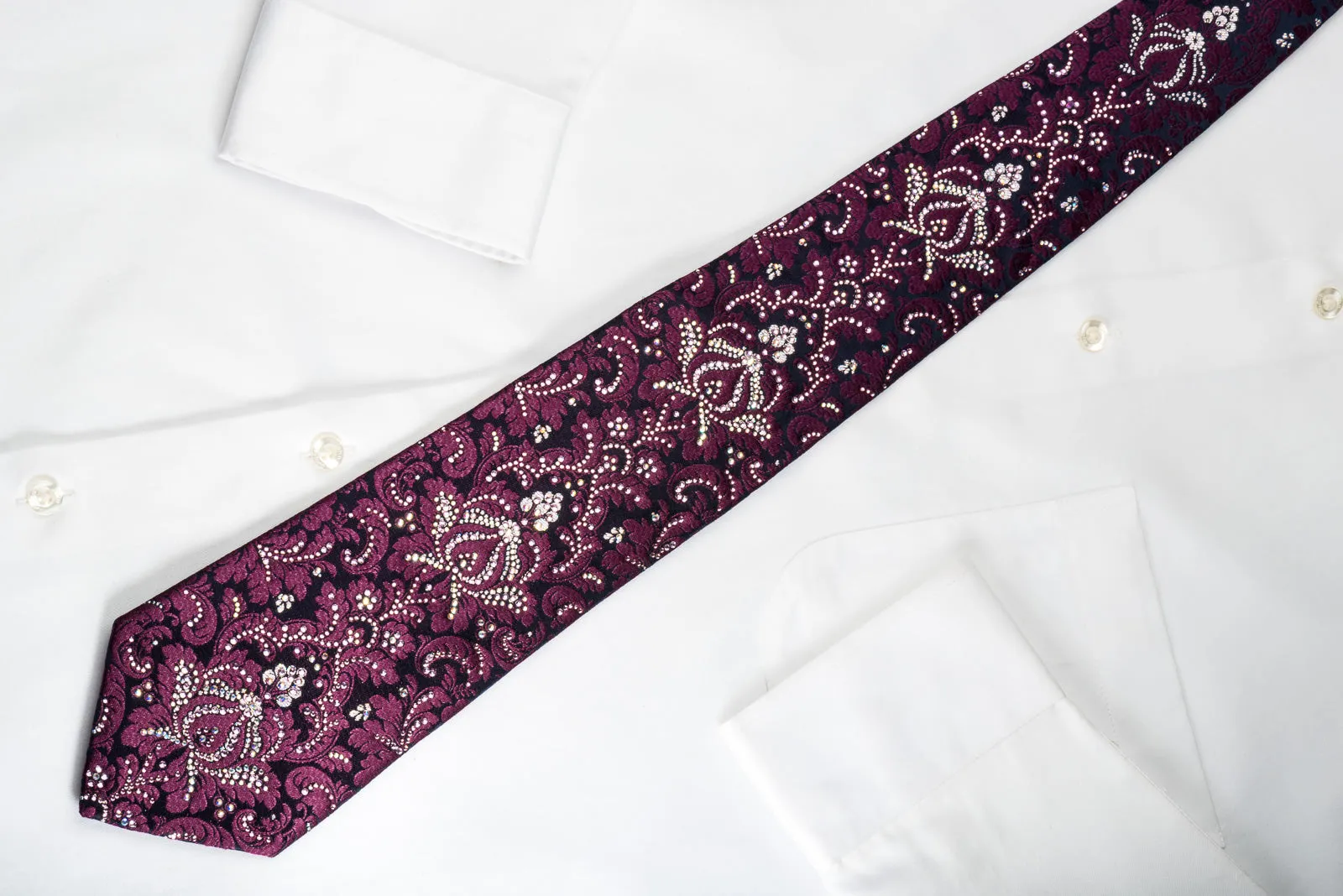 Renoma Rhinestone Tie Purple Damask On Black With Silver Sparkles