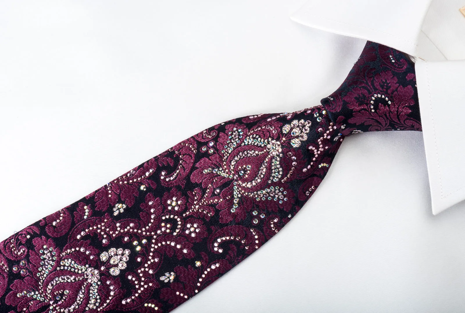 Renoma Rhinestone Tie Purple Damask On Black With Silver Sparkles
