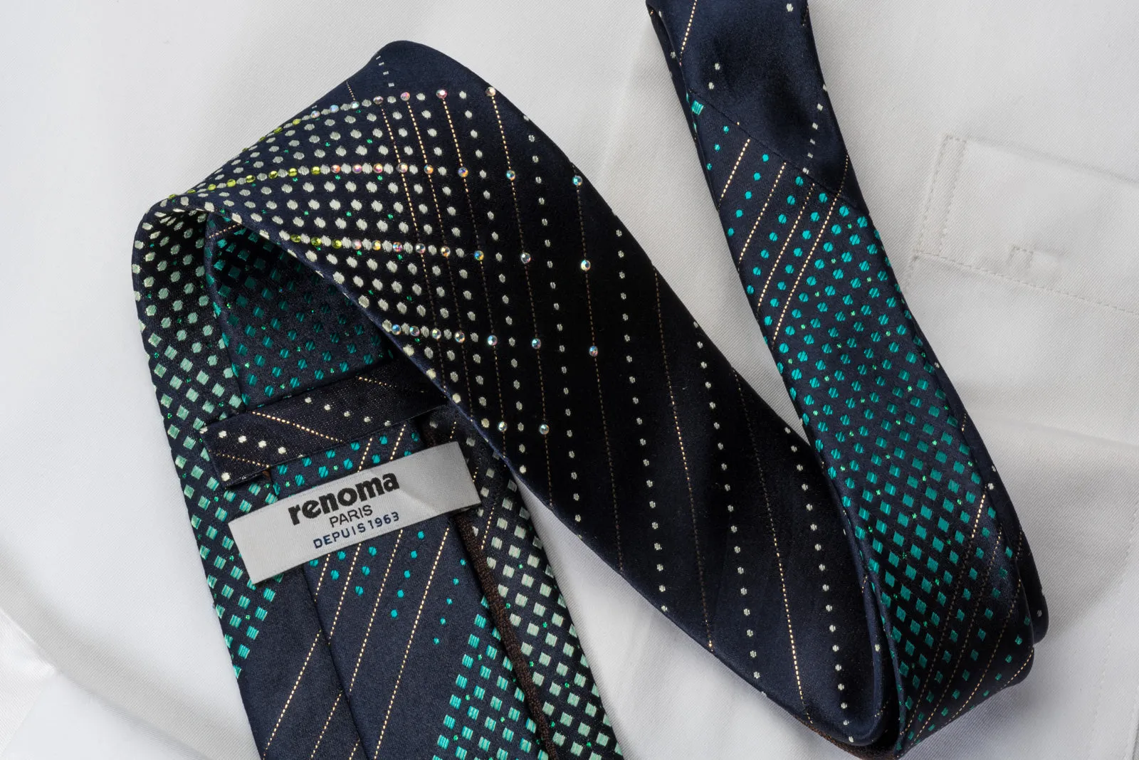 Renoma Silk Rhinestone Necktie Turquoise Geometric On Dark Blue With Silver Sparkles