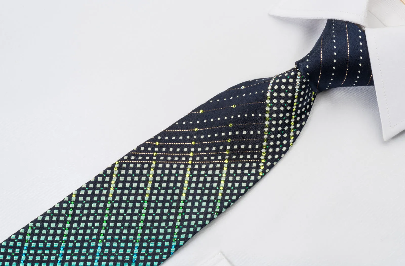 Renoma Silk Rhinestone Necktie Turquoise Geometric On Dark Blue With Silver Sparkles