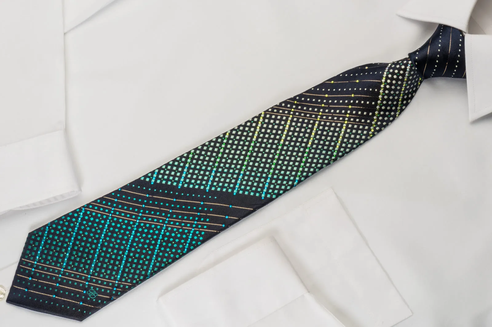 Renoma Silk Rhinestone Necktie Turquoise Geometric On Dark Blue With Silver Sparkles