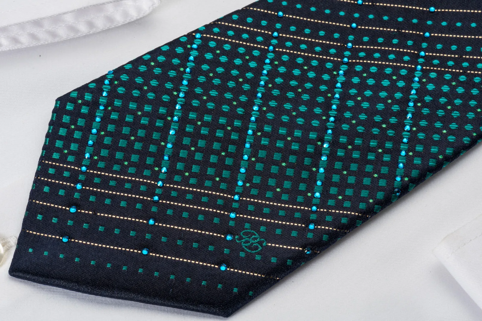 Renoma Silk Rhinestone Necktie Turquoise Geometric On Dark Blue With Silver Sparkles