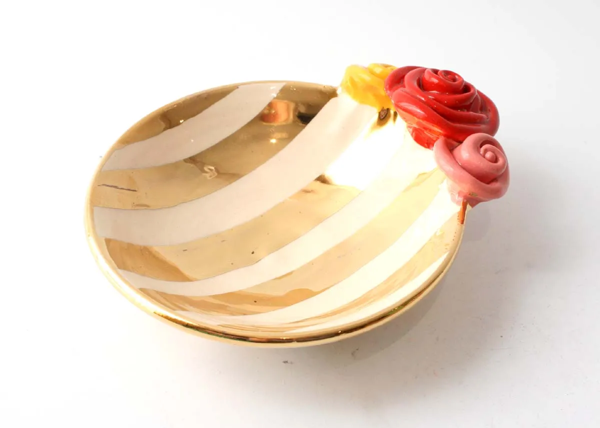 Rose Saucer in Gold and White Stripe