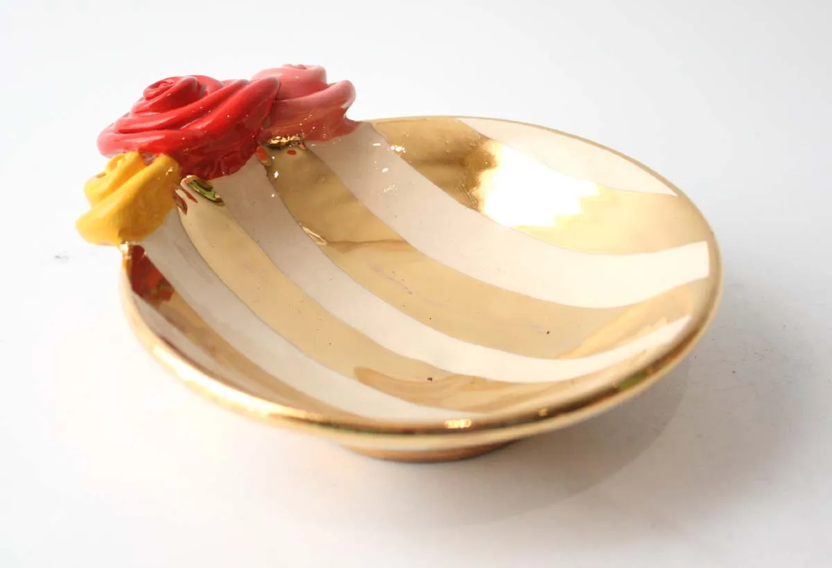 Rose Saucer in Gold and White Stripe