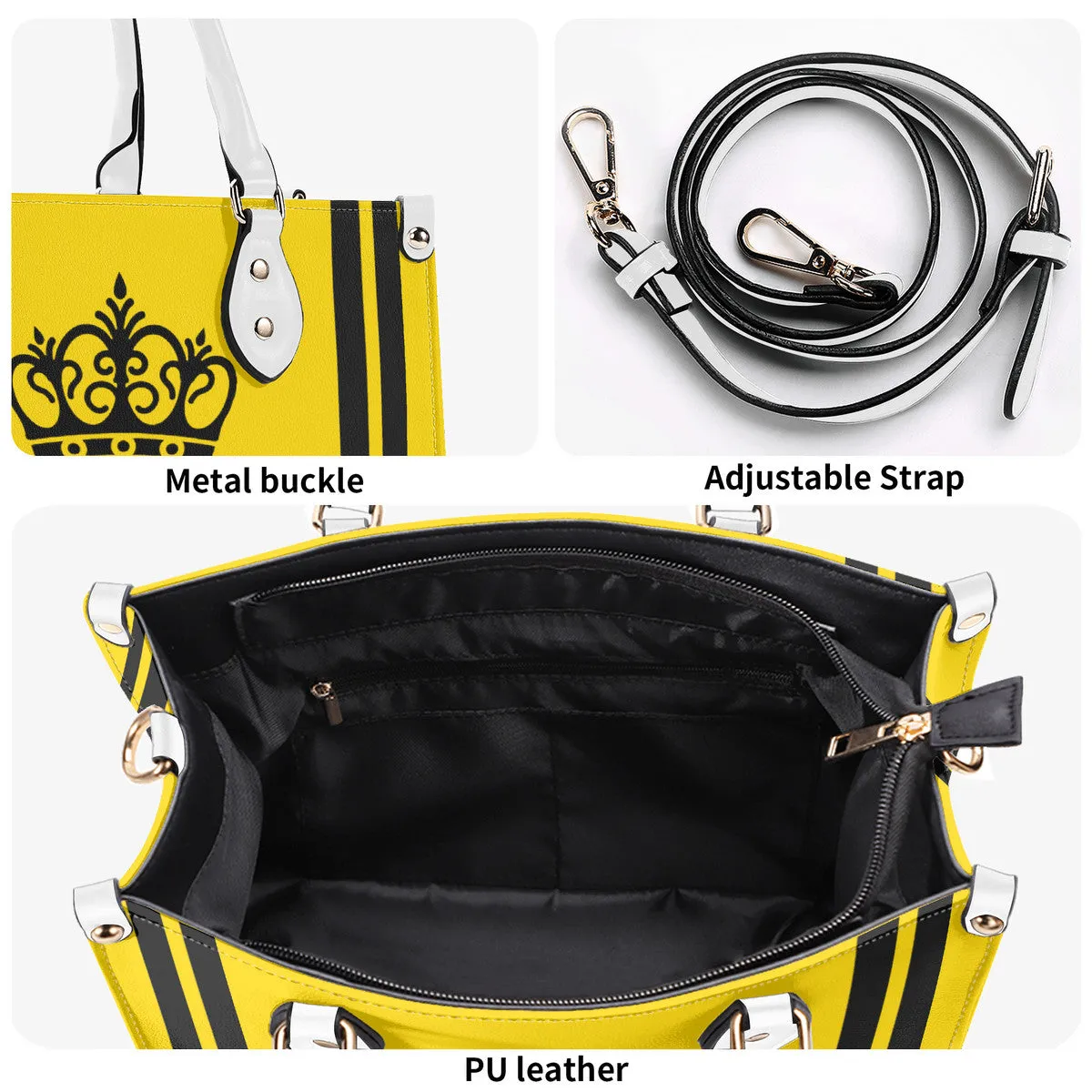 Royalty DON'T D4XV Black  Logo ,Stripes & Gold Multiple Sizes Upgraded Luxury Women PU Leather Handbag