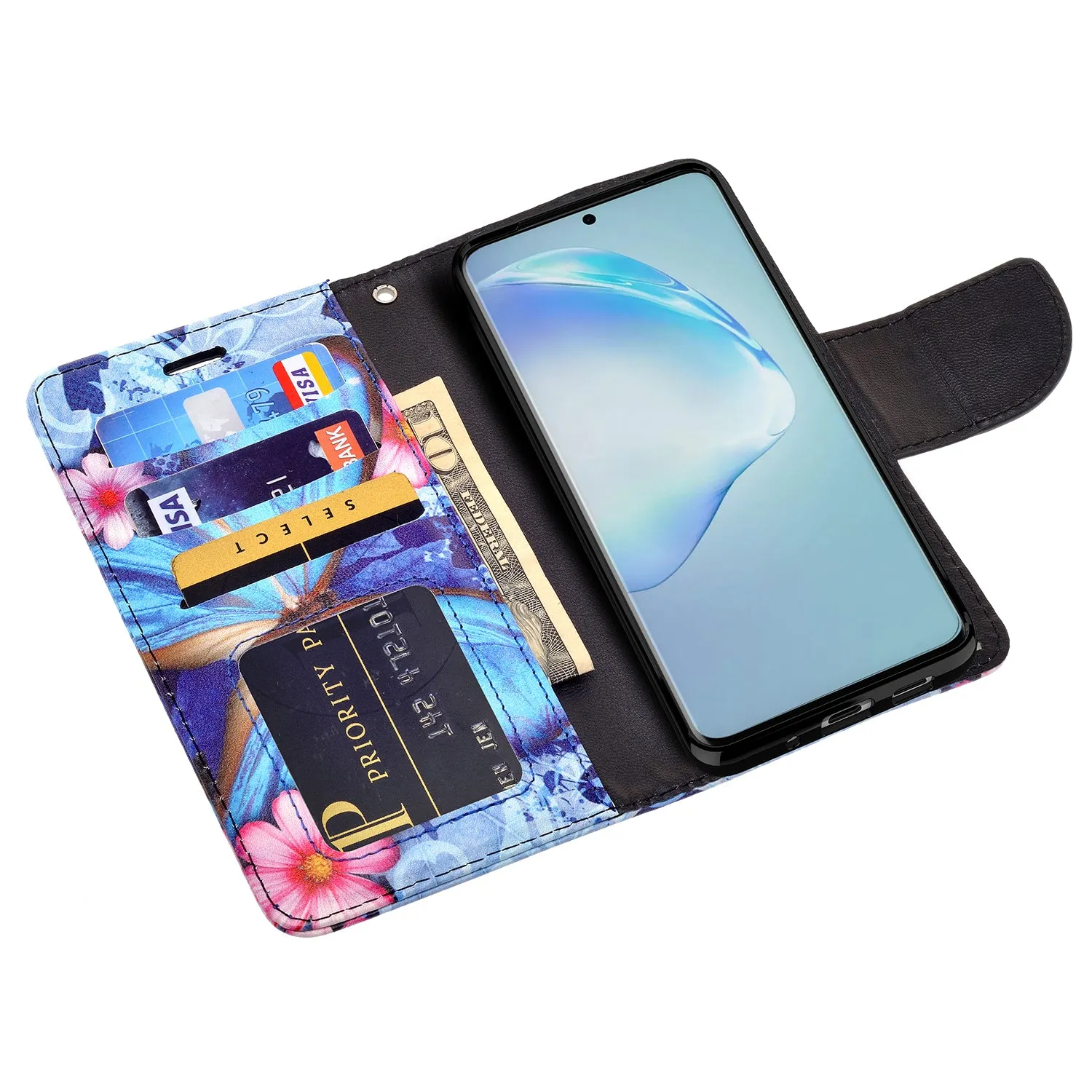 Samsung Galaxy S20 Ultra Case, Galaxy S20 Ultra Wallet Case, Wrist Strap Pu Leather Wallet Case [Kickstand] with ID & Credit Card Slots - Blue Butterfly