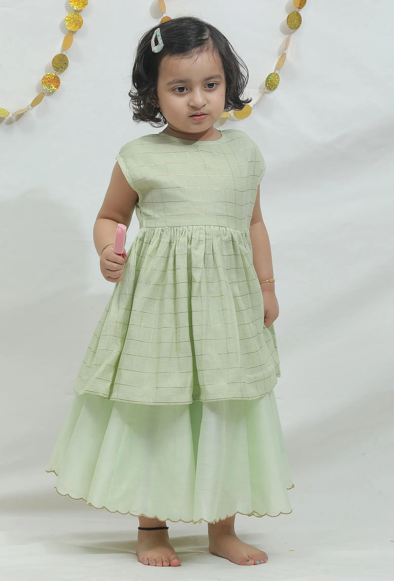 Set of 3: Sea Green Peplum Kurti and Sharara Pants with Organza Dupatta