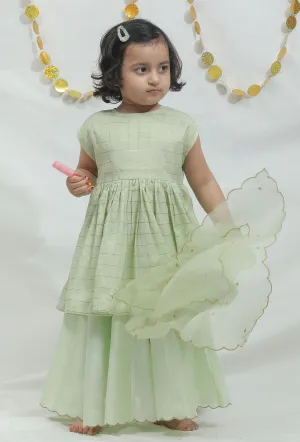 Set of 3: Sea Green Peplum Kurti and Sharara Pants with Organza Dupatta