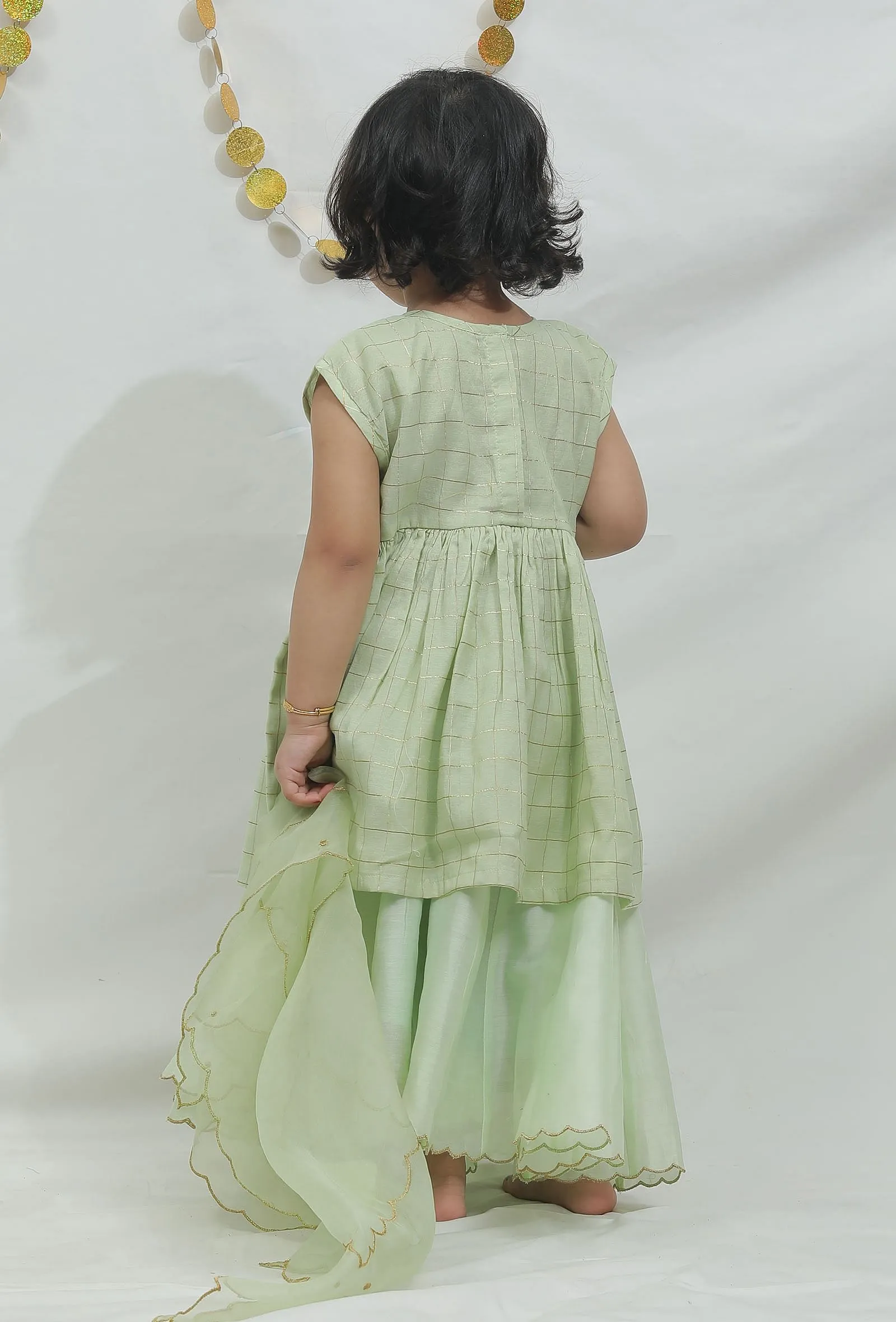 Set of 3: Sea Green Peplum Kurti and Sharara Pants with Organza Dupatta
