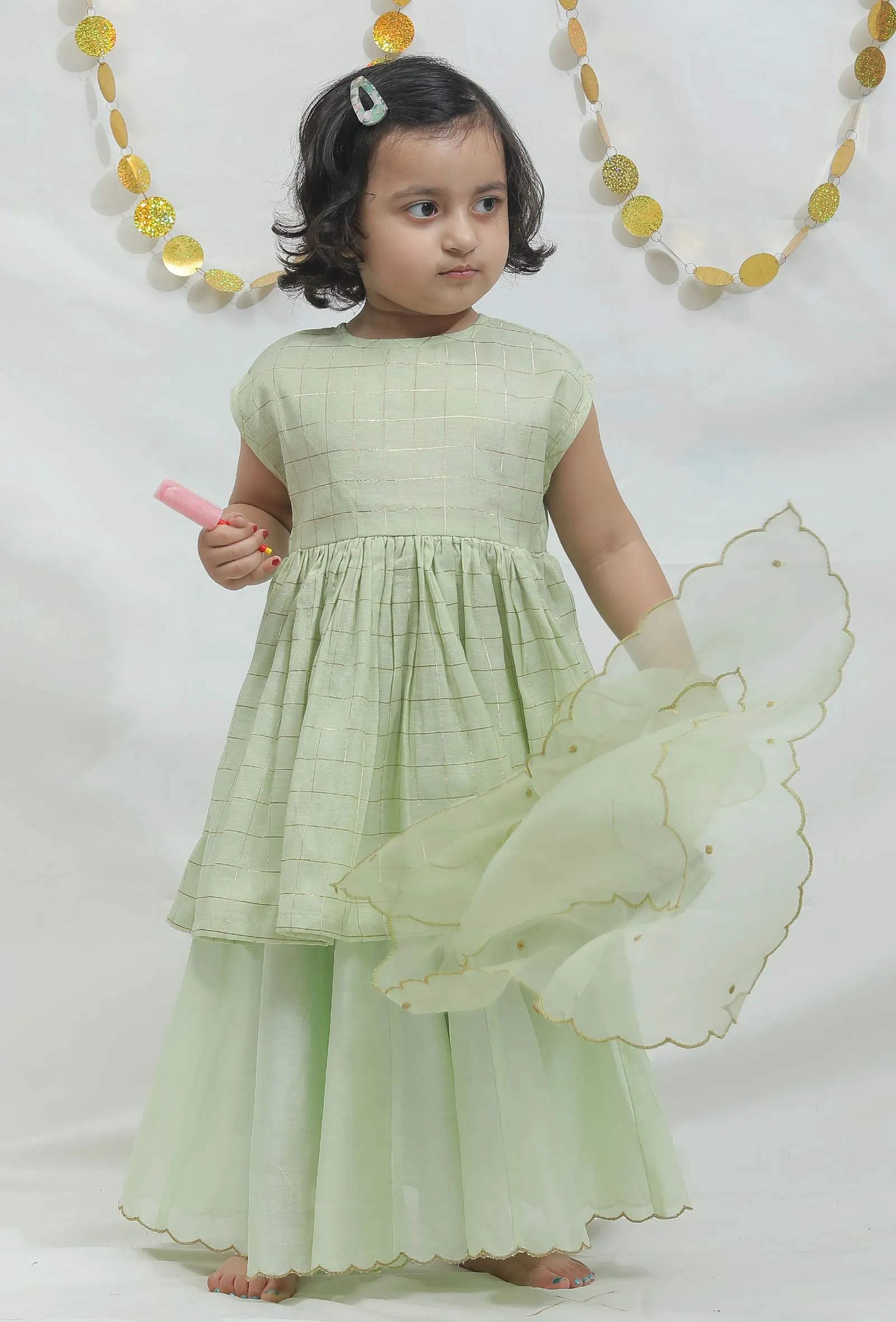Set of 3: Sea Green Peplum Kurti and Sharara Pants with Organza Dupatta