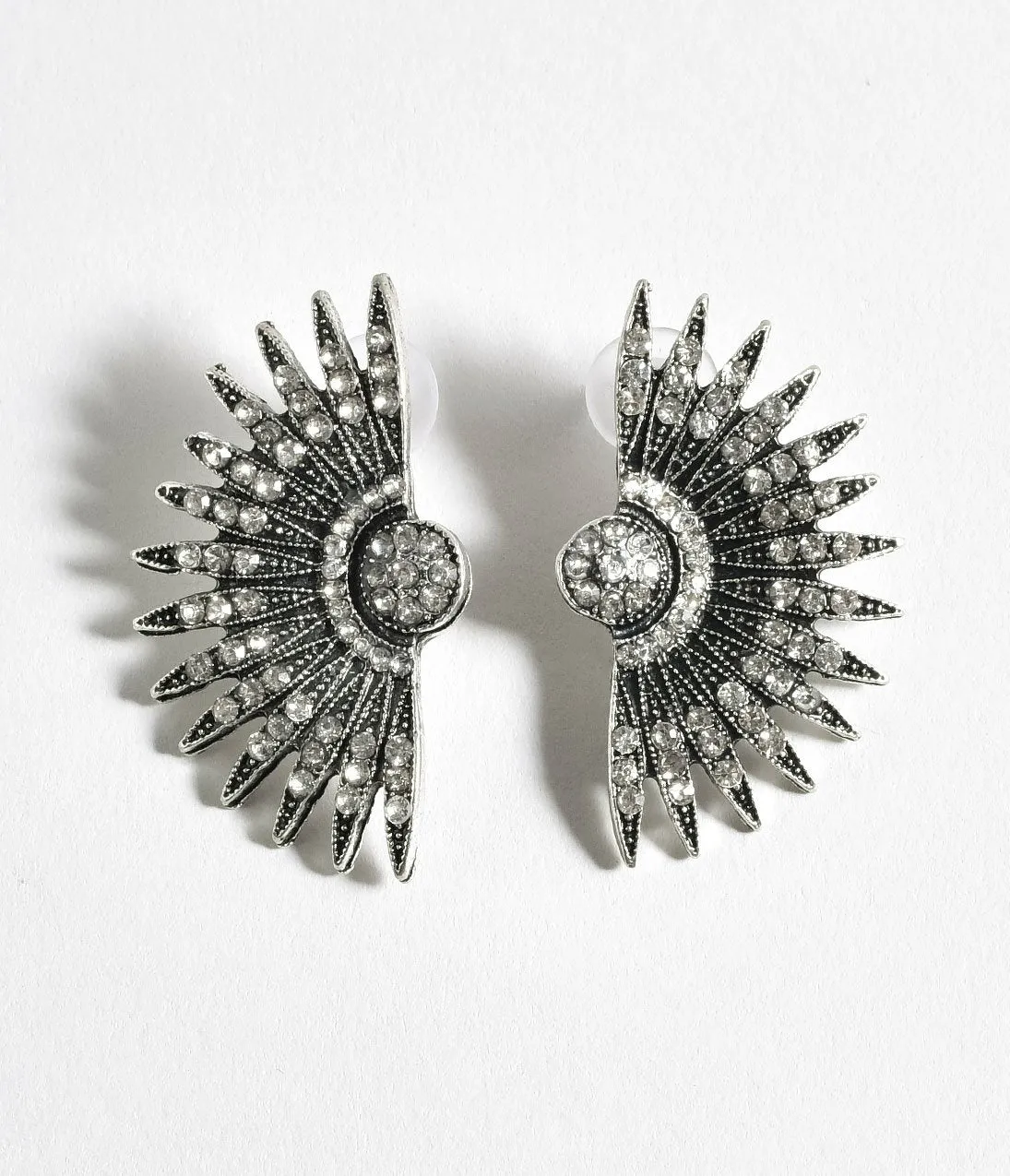Silver Rhinestone Deco Fan Post Earrings
