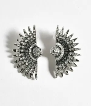 Silver Rhinestone Deco Fan Post Earrings