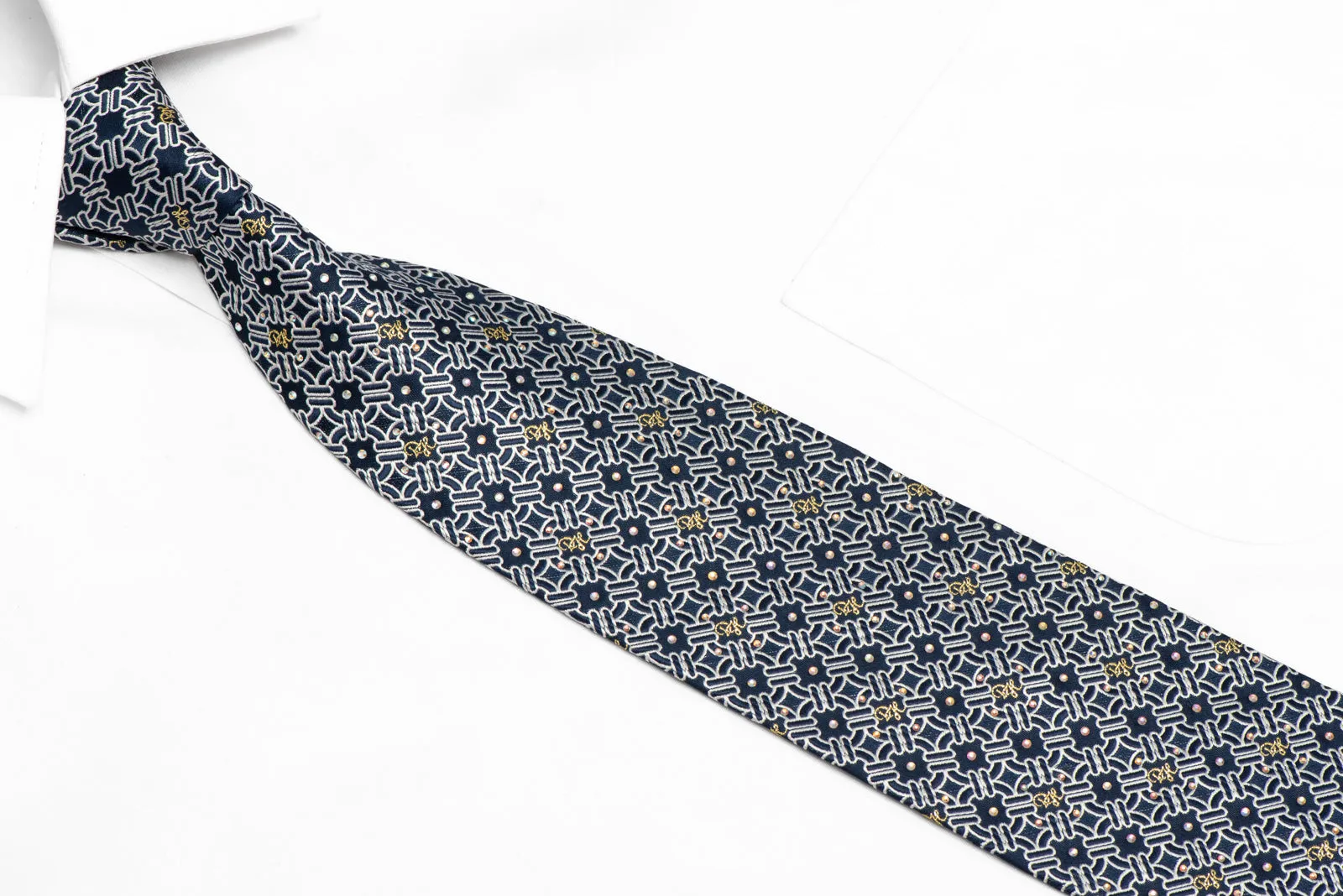 Silver Trellis On Dark Blue Rhinestone Necktie With Gold Sparkles
