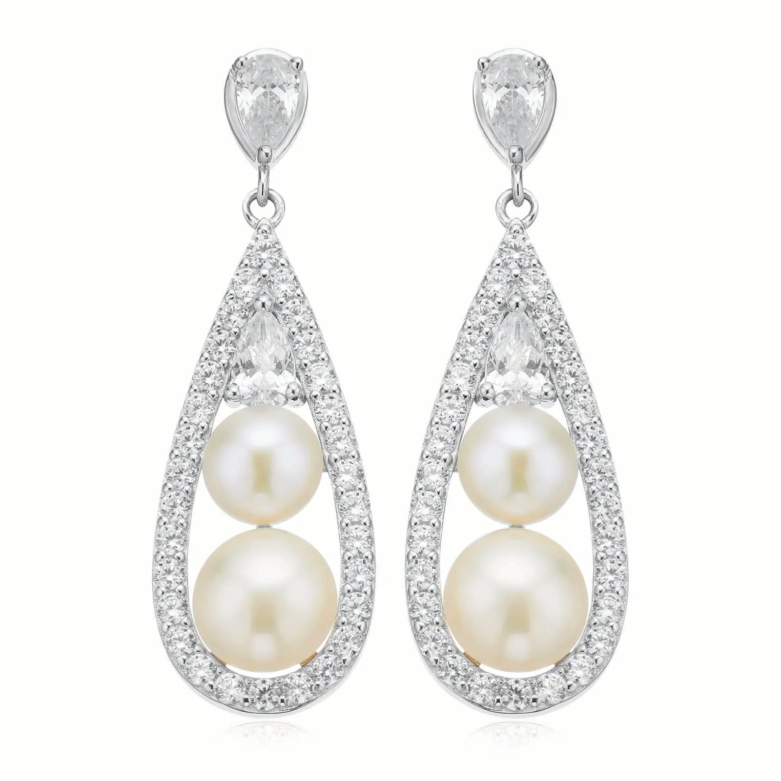 Sterling Silver  Button 5.5-6 mm White Fresh Water Pearl Cubic Zirconia Drop Earrings