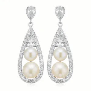 Sterling Silver  Button 5.5-6 mm White Fresh Water Pearl Cubic Zirconia Drop Earrings