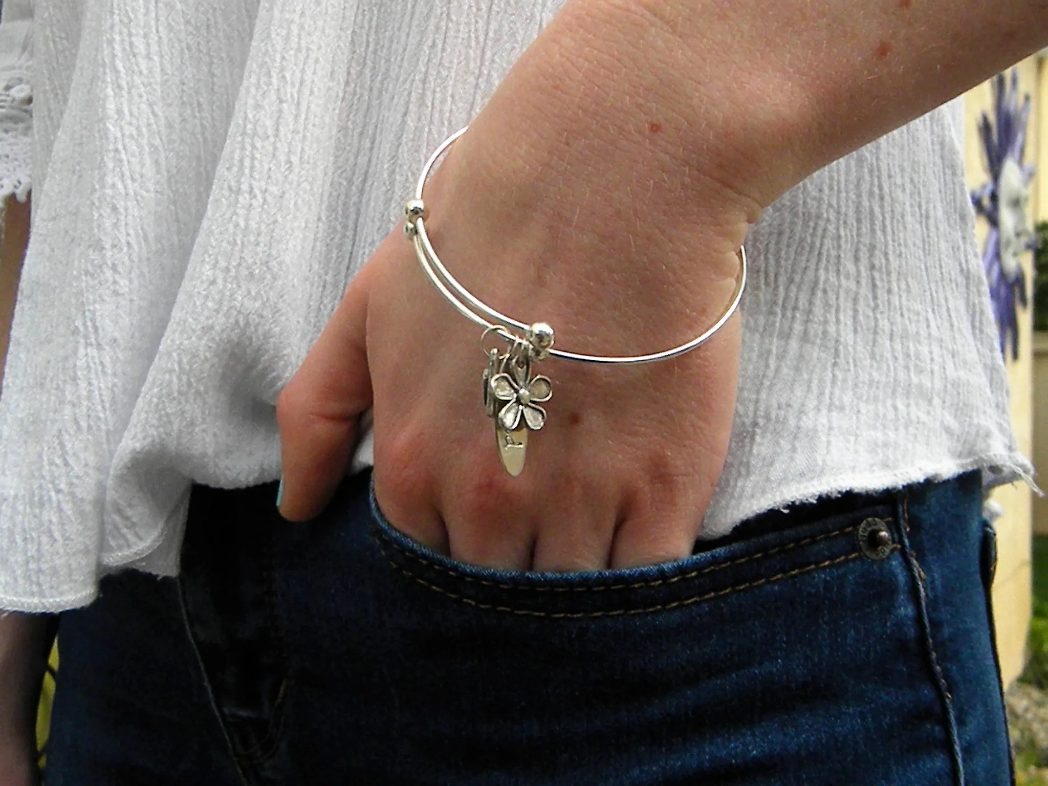 Sterling Silver Expandable Bangle - Loved