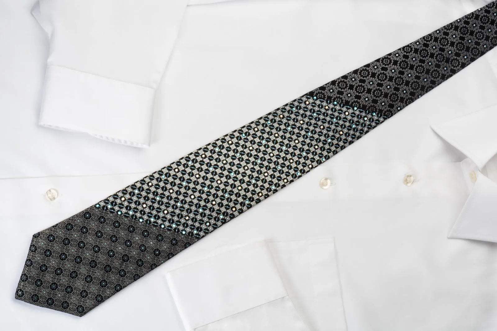 Steve Rino Silk Rhinestone Necktie Silver Geometric On Black With Silver Sparkles