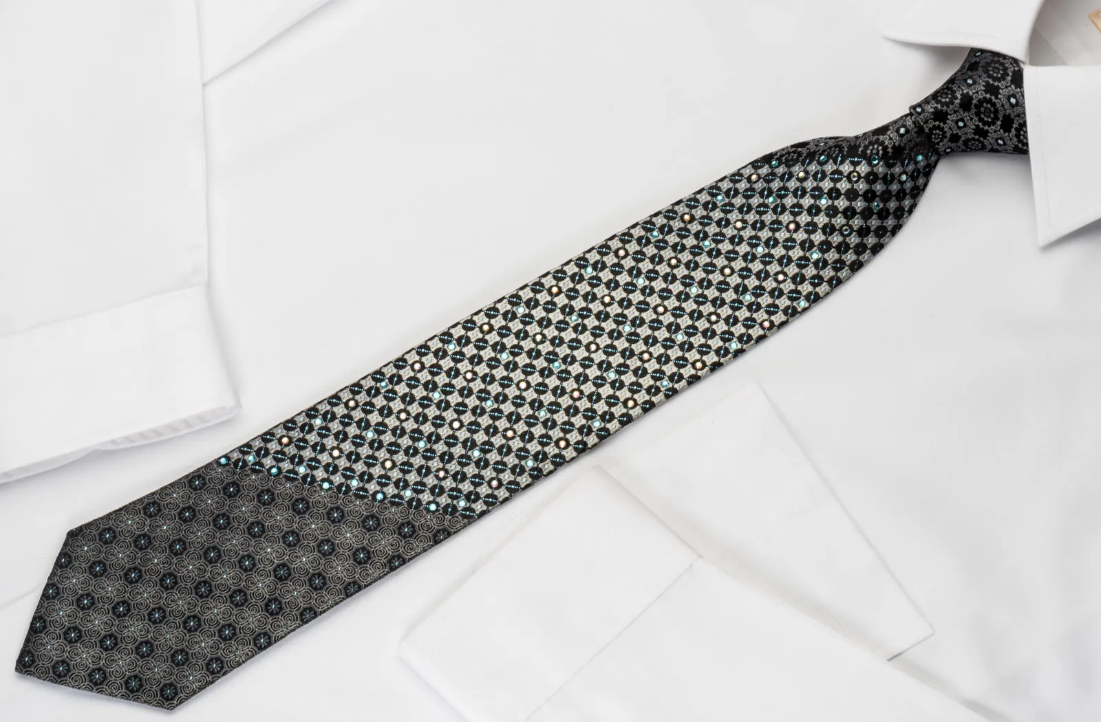 Steve Rino Silk Rhinestone Necktie Silver Geometric On Black With Silver Sparkles
