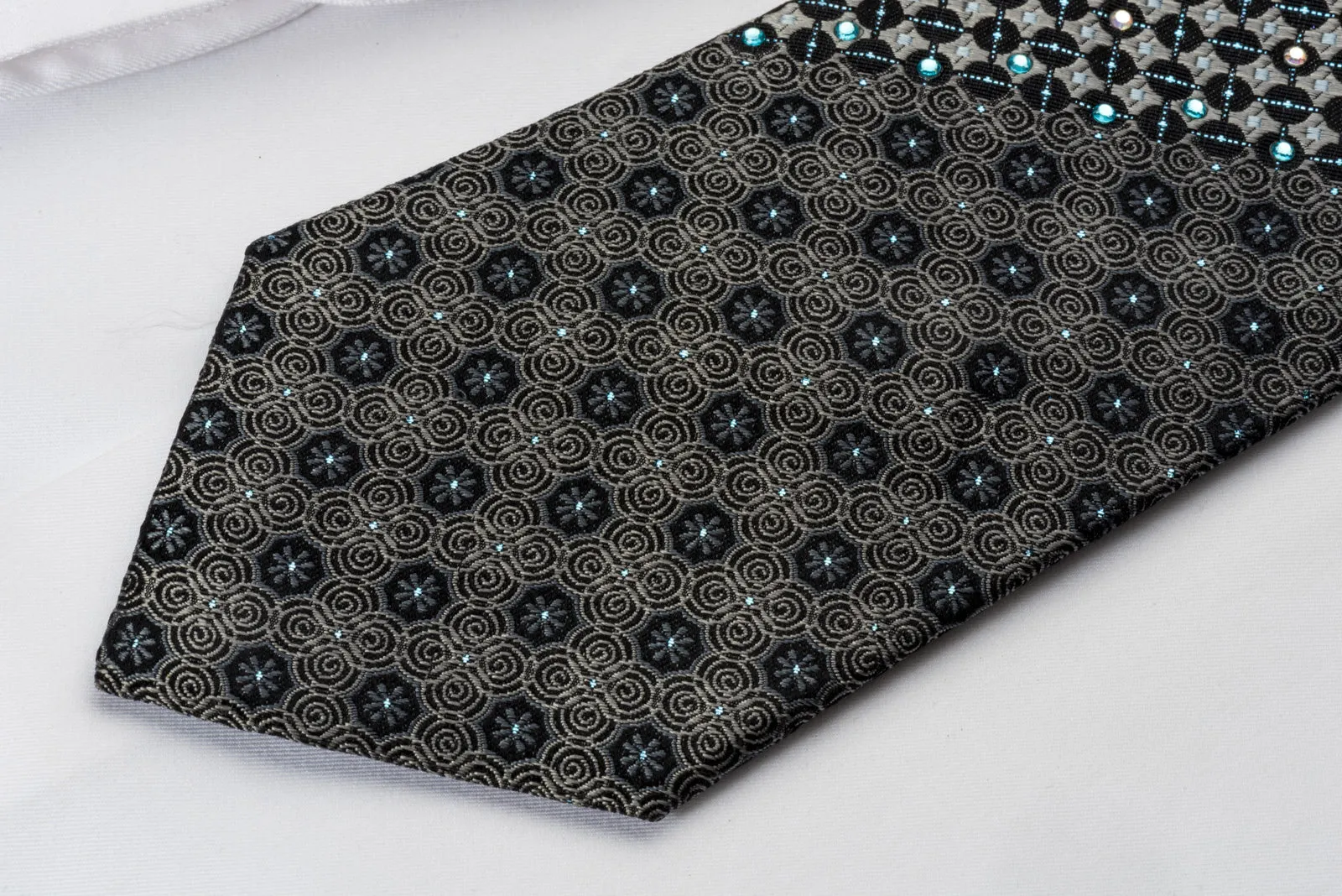 Steve Rino Silk Rhinestone Necktie Silver Geometric On Black With Silver Sparkles