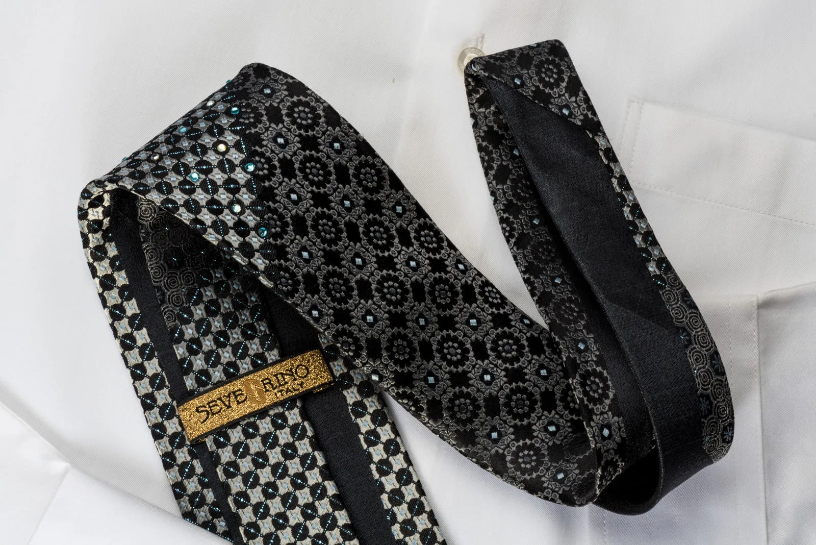 Steve Rino Silk Rhinestone Necktie Silver Geometric On Black With Silver Sparkles