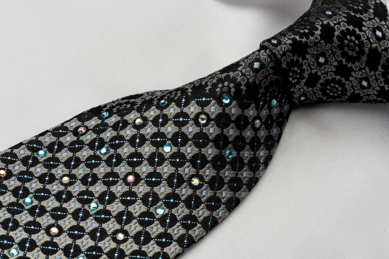 Steve Rino Silk Rhinestone Necktie Silver Geometric On Black With Silver Sparkles
