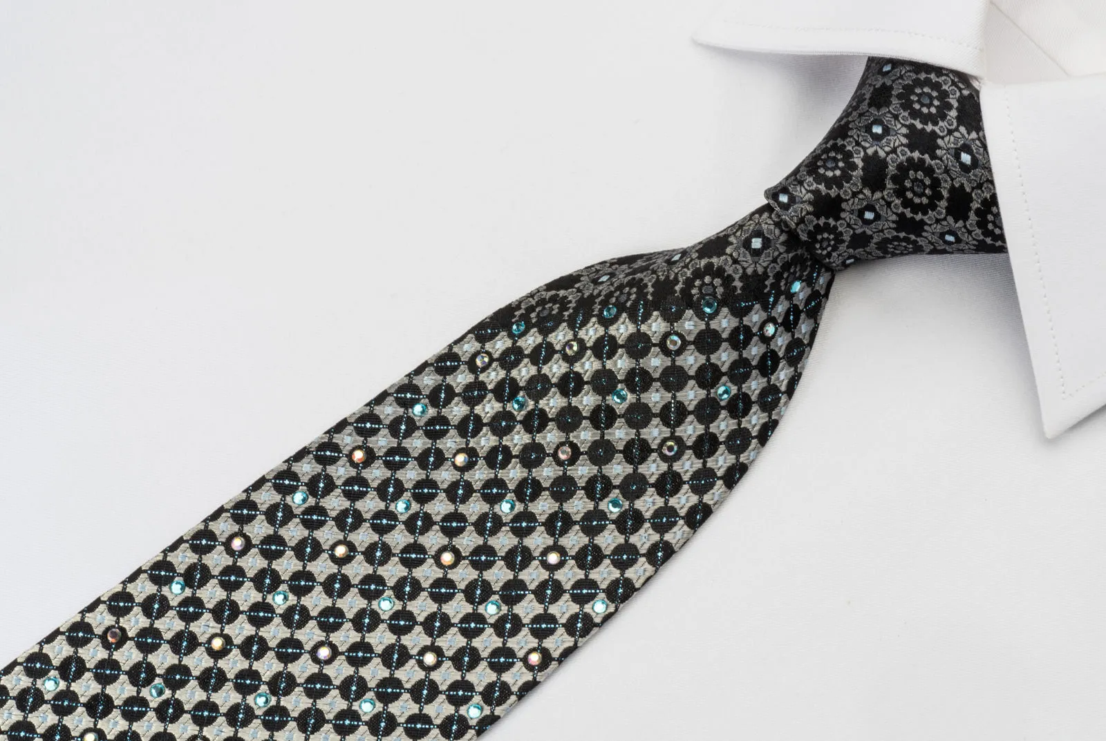 Steve Rino Silk Rhinestone Necktie Silver Geometric On Black With Silver Sparkles