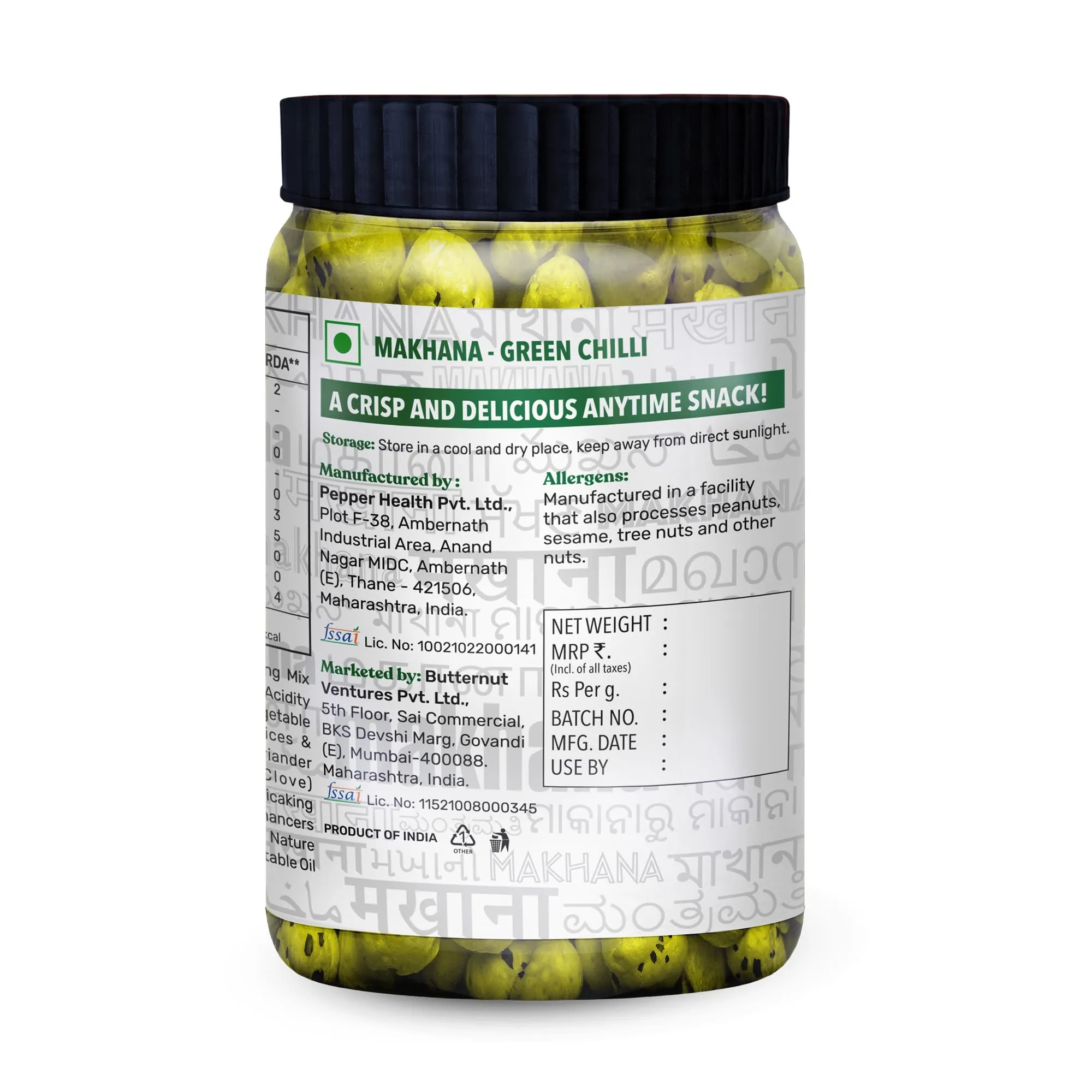 The Butternut Co. Makhana - Flavored Green Chilli - 60g, Natural, High Protein & Fibre, Gluten Free, Vegan (Pack of 1)