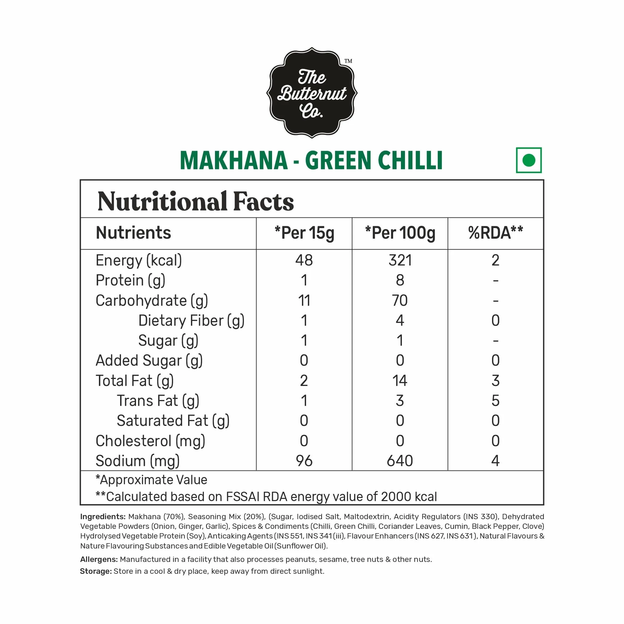 The Butternut Co. Makhana - Flavored Green Chilli - 60g, Natural, High Protein & Fibre, Gluten Free, Vegan (Pack of 1)