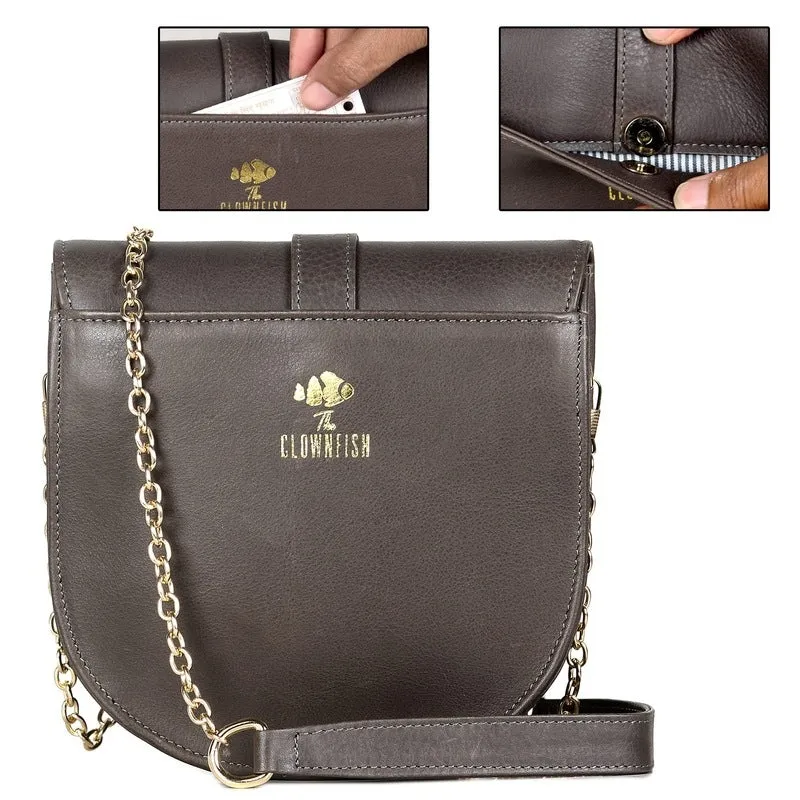 THE CLOWNFISH Adah Genuine Leather Crossbody Sling bag for Women Casual Party Bag Purse with Chain Strap for Ladies College Girls (Grey)