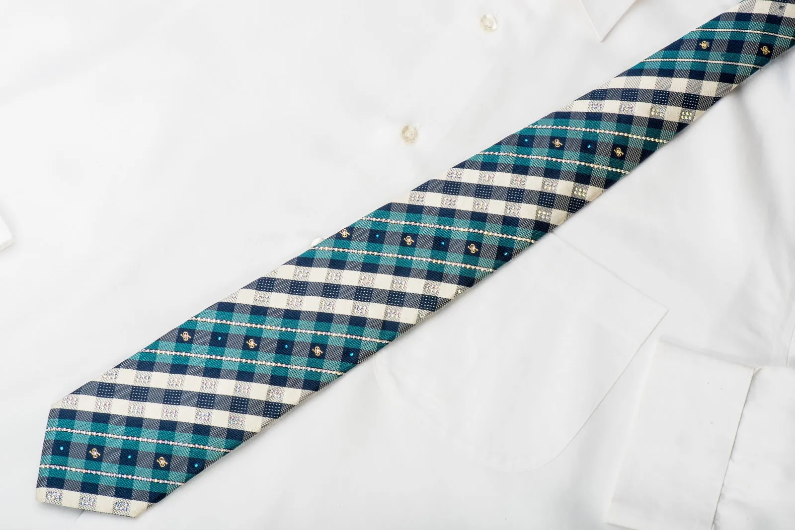 Turquoise Blue Silver Plaid With Sparkles Rhinestone Tie With Sparkles