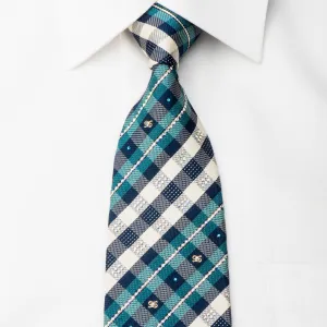 Turquoise Blue Silver Plaid With Sparkles Rhinestone Tie With Sparkles