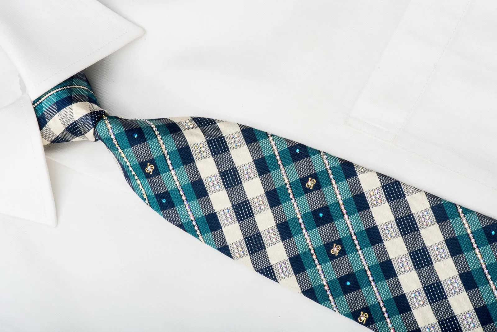 Turquoise Blue Silver Plaid With Sparkles Rhinestone Tie With Sparkles
