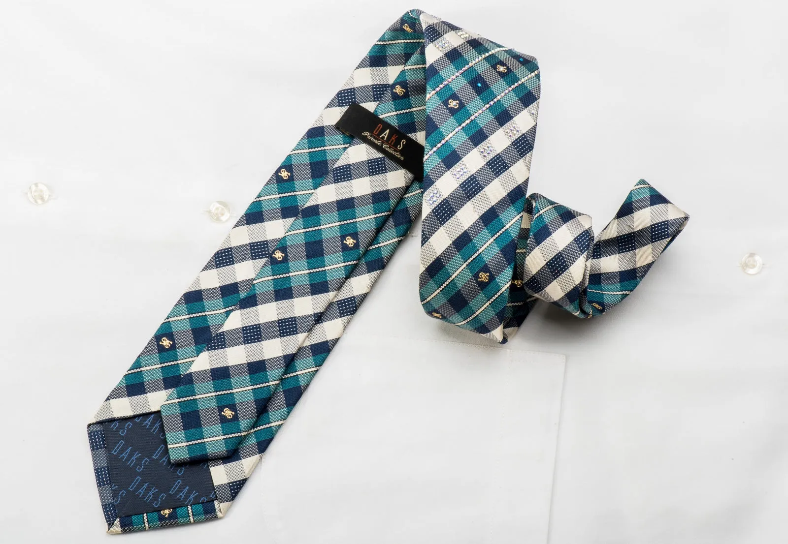 Turquoise Blue Silver Plaid With Sparkles Rhinestone Tie With Sparkles