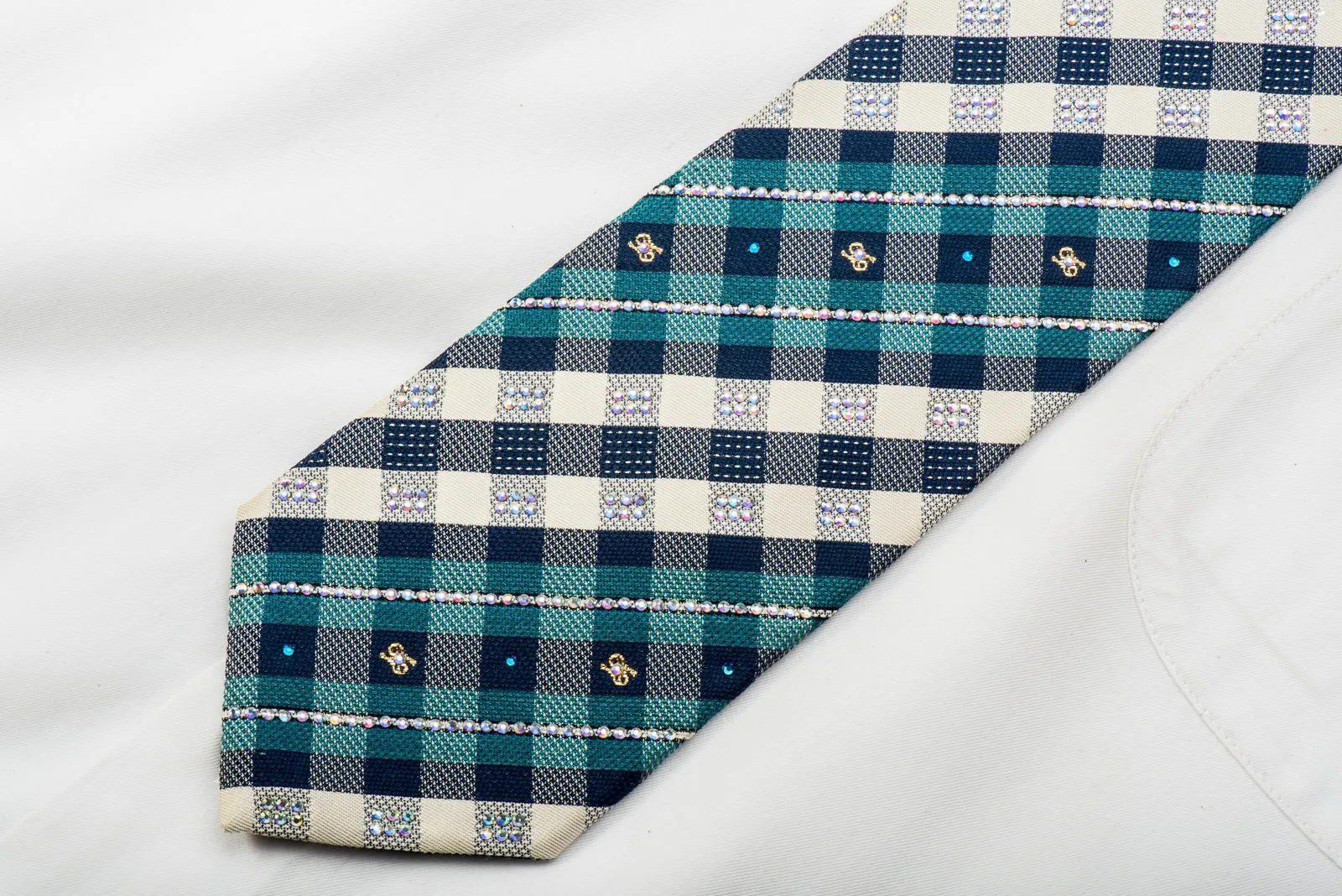 Turquoise Blue Silver Plaid With Sparkles Rhinestone Tie With Sparkles