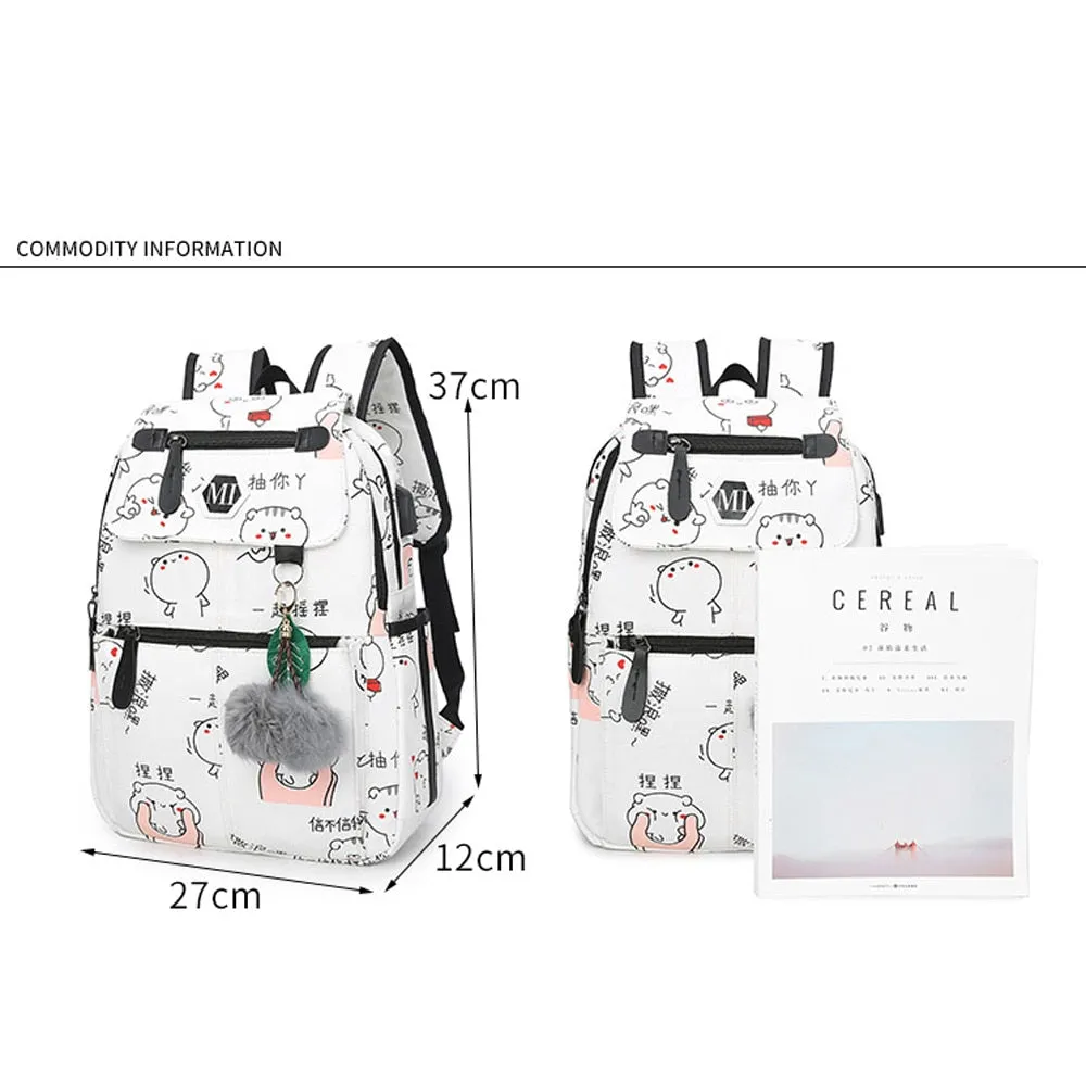 USB Charging Canvas Backpack 3 Pcs/set Women Schoolbag