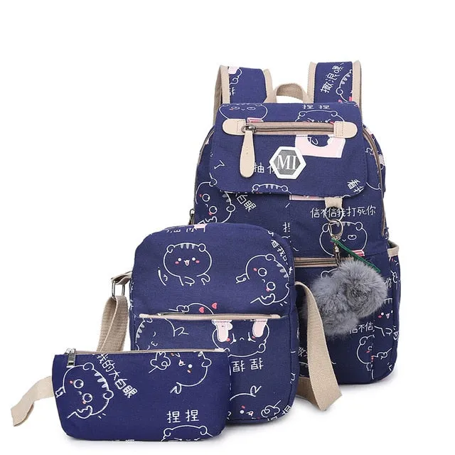 USB Charging Canvas Backpack 3 Pcs/set Women Schoolbag