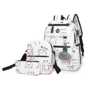USB Charging Canvas Backpack 3 Pcs/set Women Schoolbag