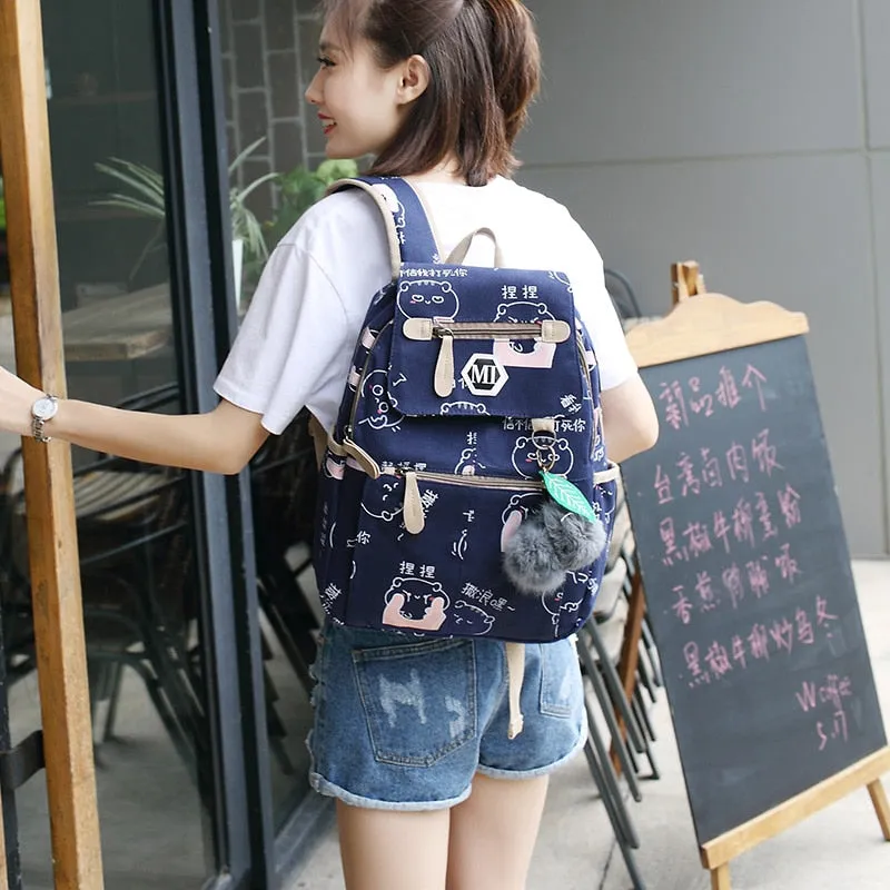 USB Charging Canvas Backpack 3 Pcs/set Women Schoolbag