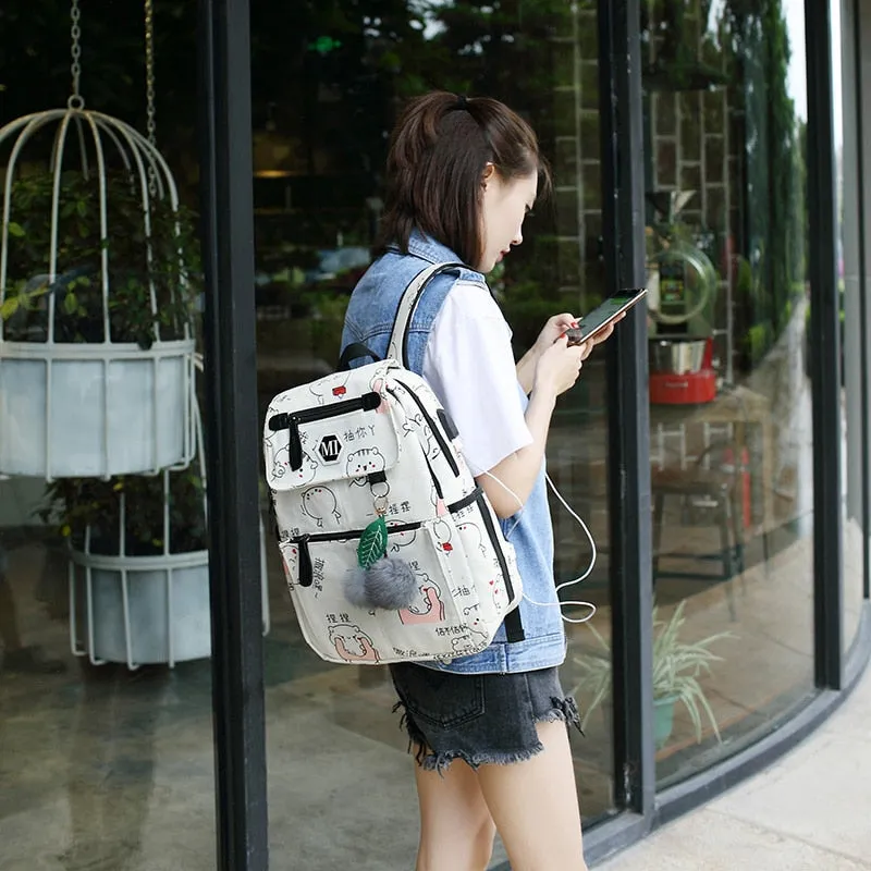 USB Charging Canvas Backpack 3 Pcs/set Women Schoolbag