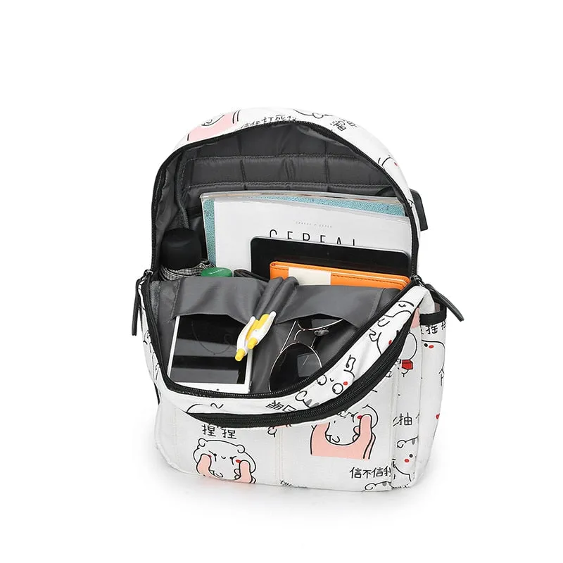 USB Charging Canvas Backpack 3 Pcs/set Women Schoolbag