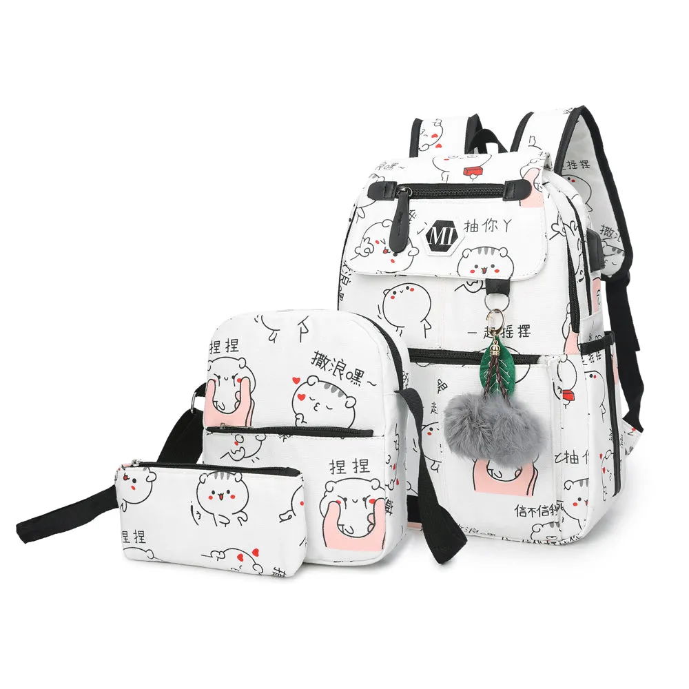 USB Charging Canvas Backpack 3 Pcs/set Women Schoolbag