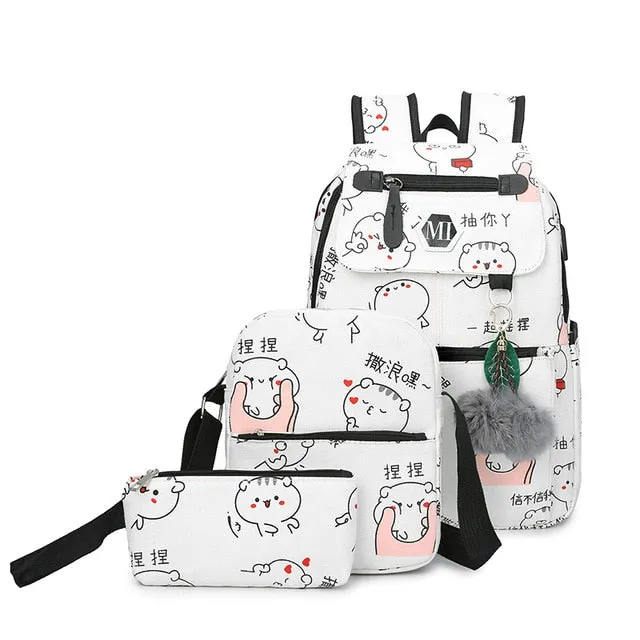 USB Charging Canvas Backpack 3 Pcs/set Women Schoolbag