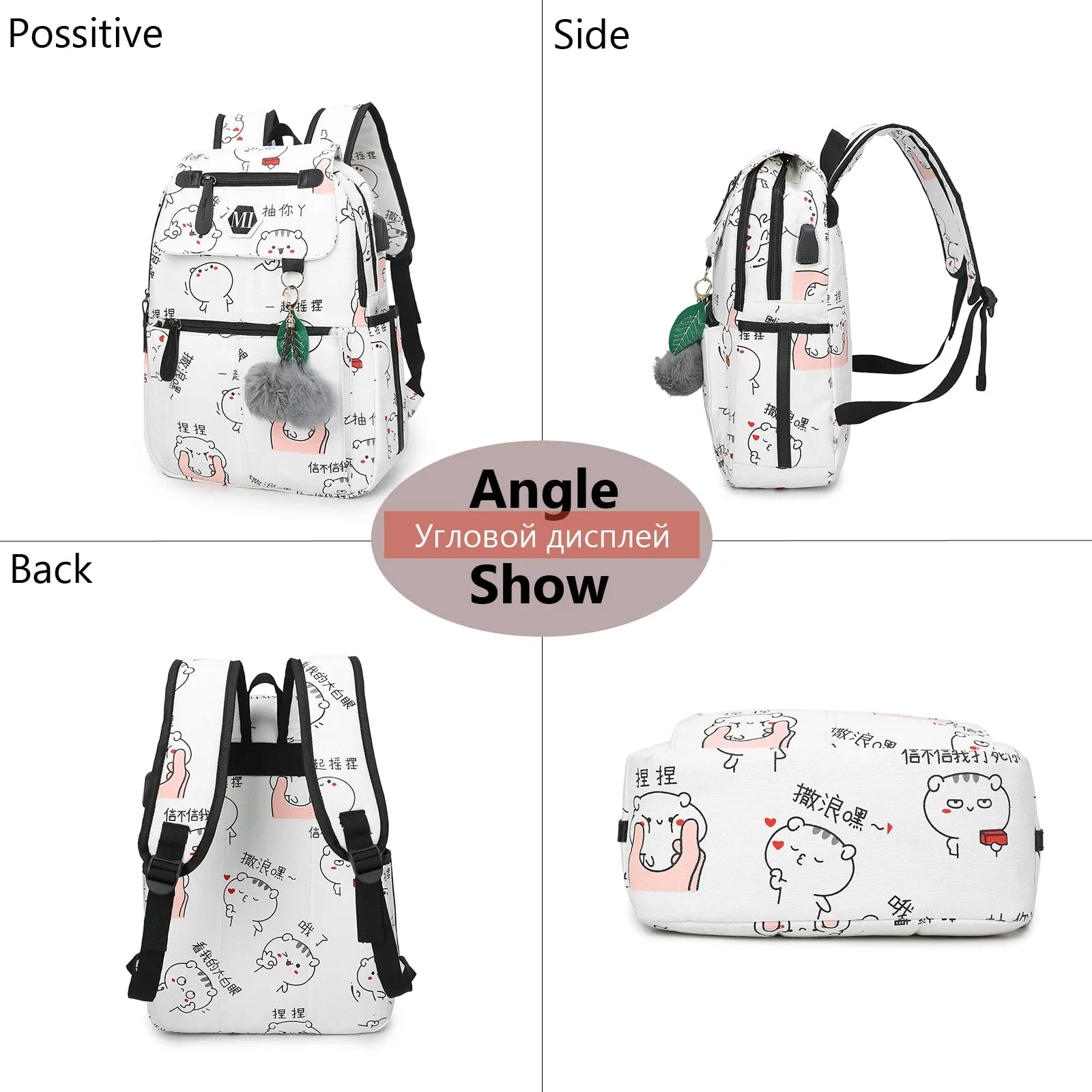 USB Charging Canvas Backpack 3 Pcs/set Women Schoolbag