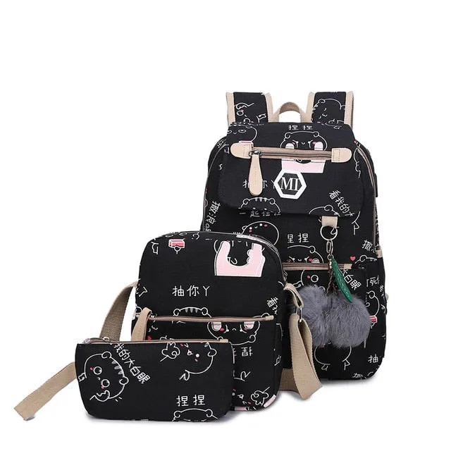 USB Charging Canvas Backpack 3 Pcs/set Women Schoolbag