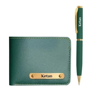 Vegan Wallet & Metal Pen Set – Green, Personalized Gift for Men