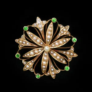 Victorian 15K Yellow Gold, Garnet, and Pearl Brooch