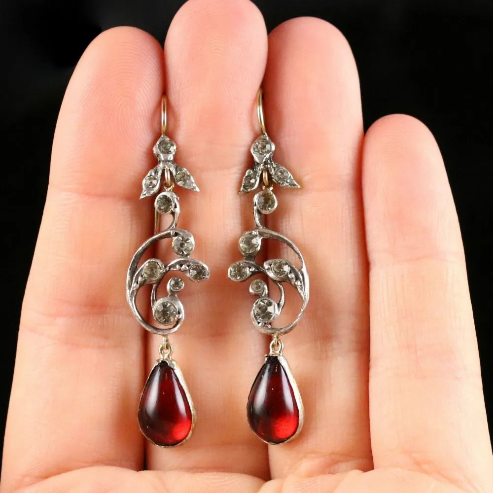 Victorian Style Red Paste Drop Earrings Silver