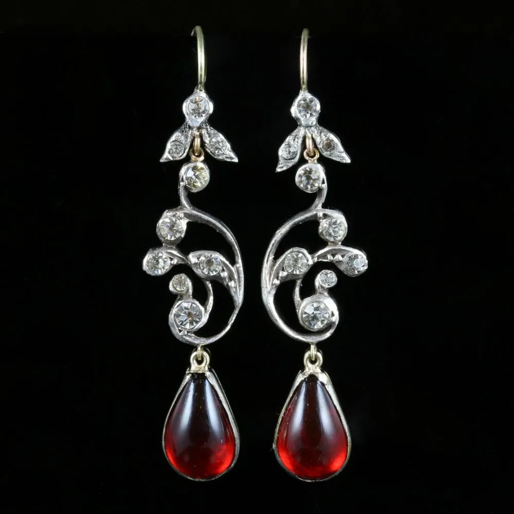 Victorian Style Red Paste Drop Earrings Silver